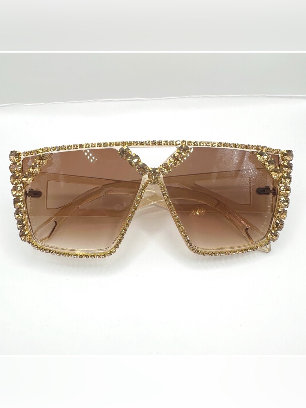 Oversized Brown square rhinestone-embellished fashion sunglasses - Picture 2 of 3